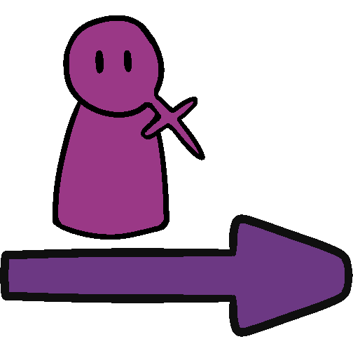 A pink figure standing above a purple arrow pointing right.